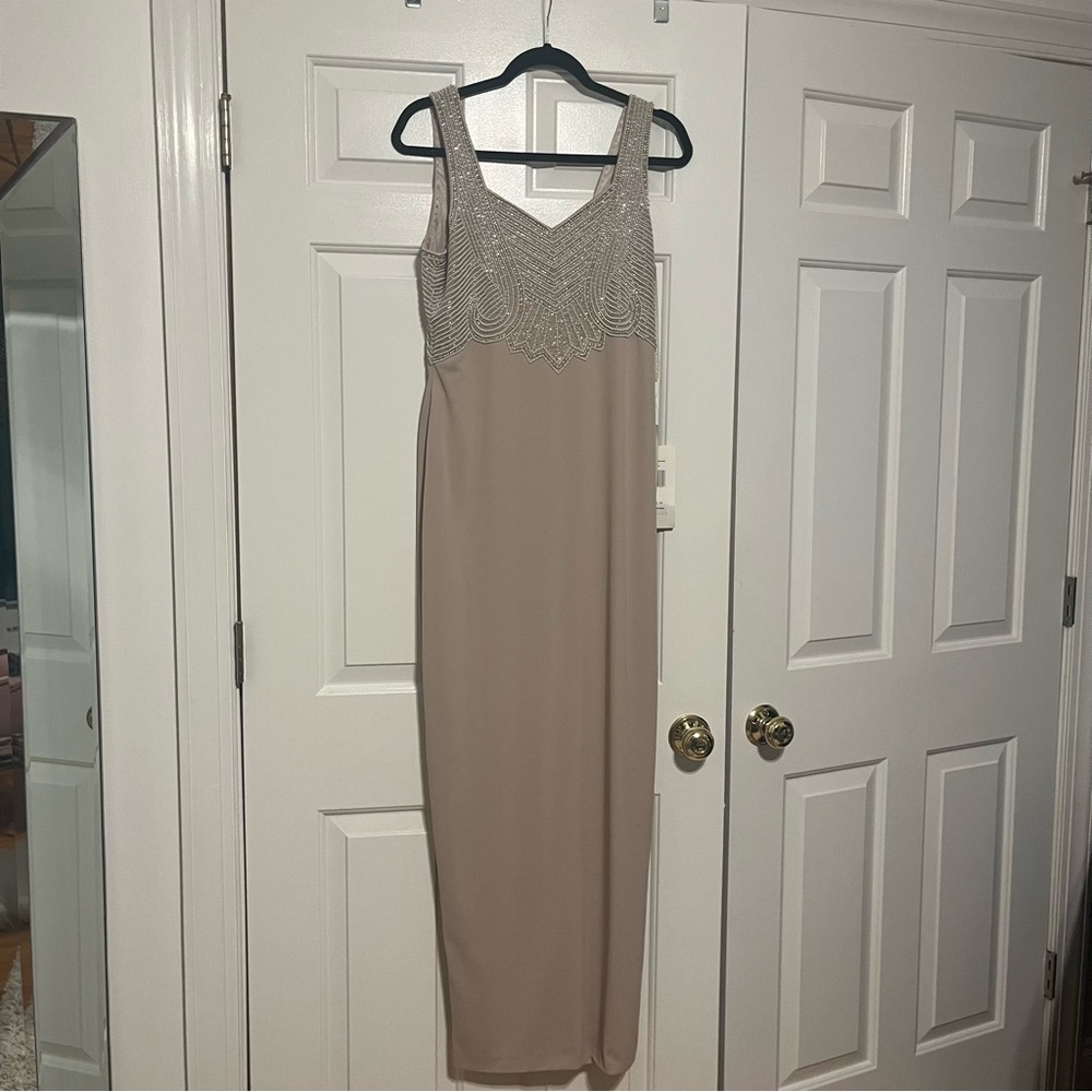 Patra Tan Cream Sheath Maxi Dress Sleeveless V-Neck Cocktail